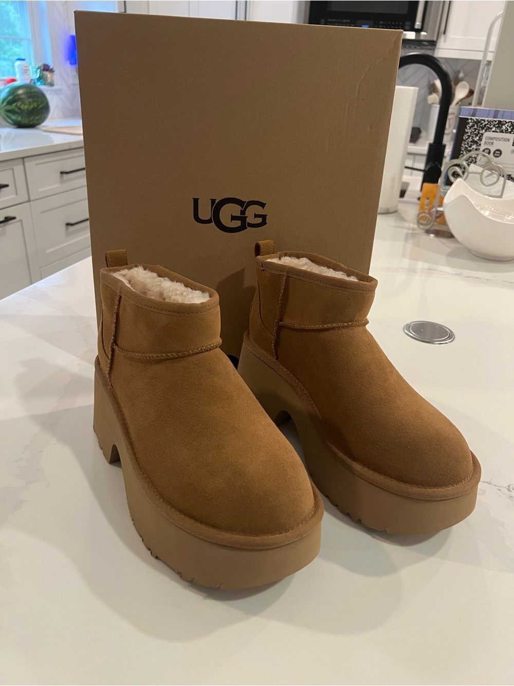 UGG Ultra Mini New Heights Women’s Chestnut Suede Platform Ankle Boots